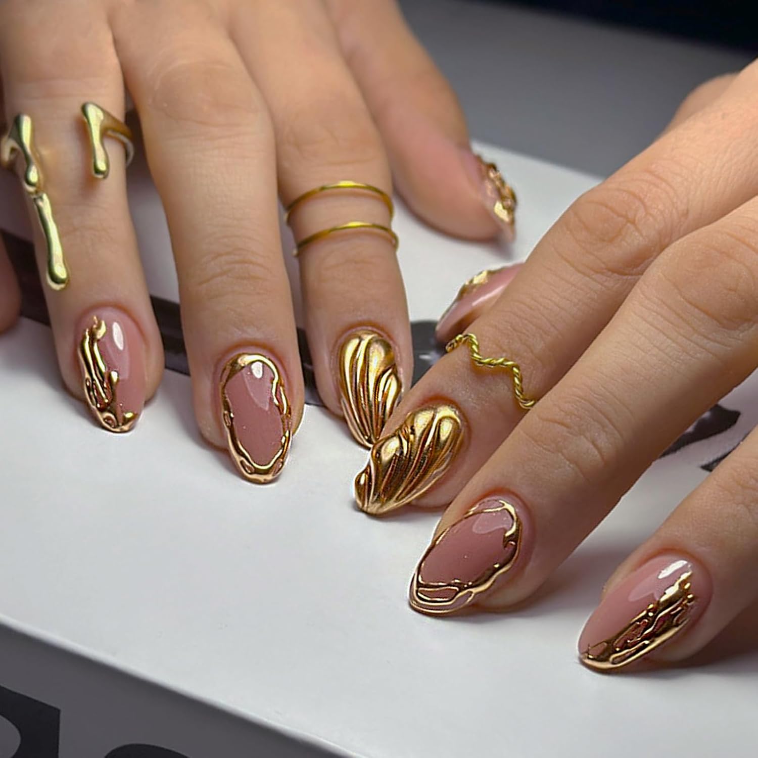 Almond Press on Nails Medium Fake Nails with 3D Relief Gold Chrome Design French Tip False Nails Gold Edge Glue on Nails Water Wave Artificial Stick on Nails for Women Girls Manicure Accessories