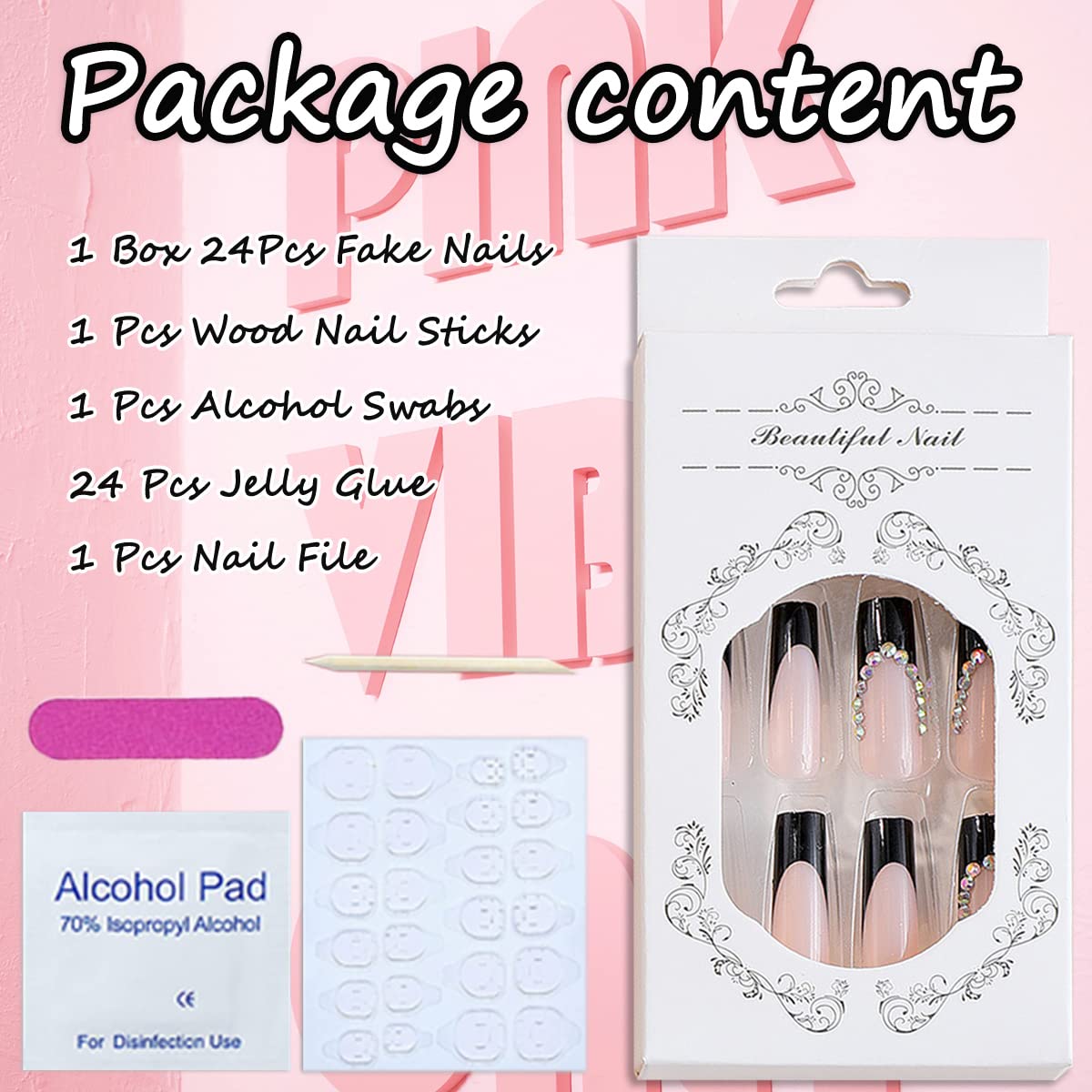 24Pcs Long Press-On French Tip Acrylic Coffin Nails with Rhinestones Black - Image 5