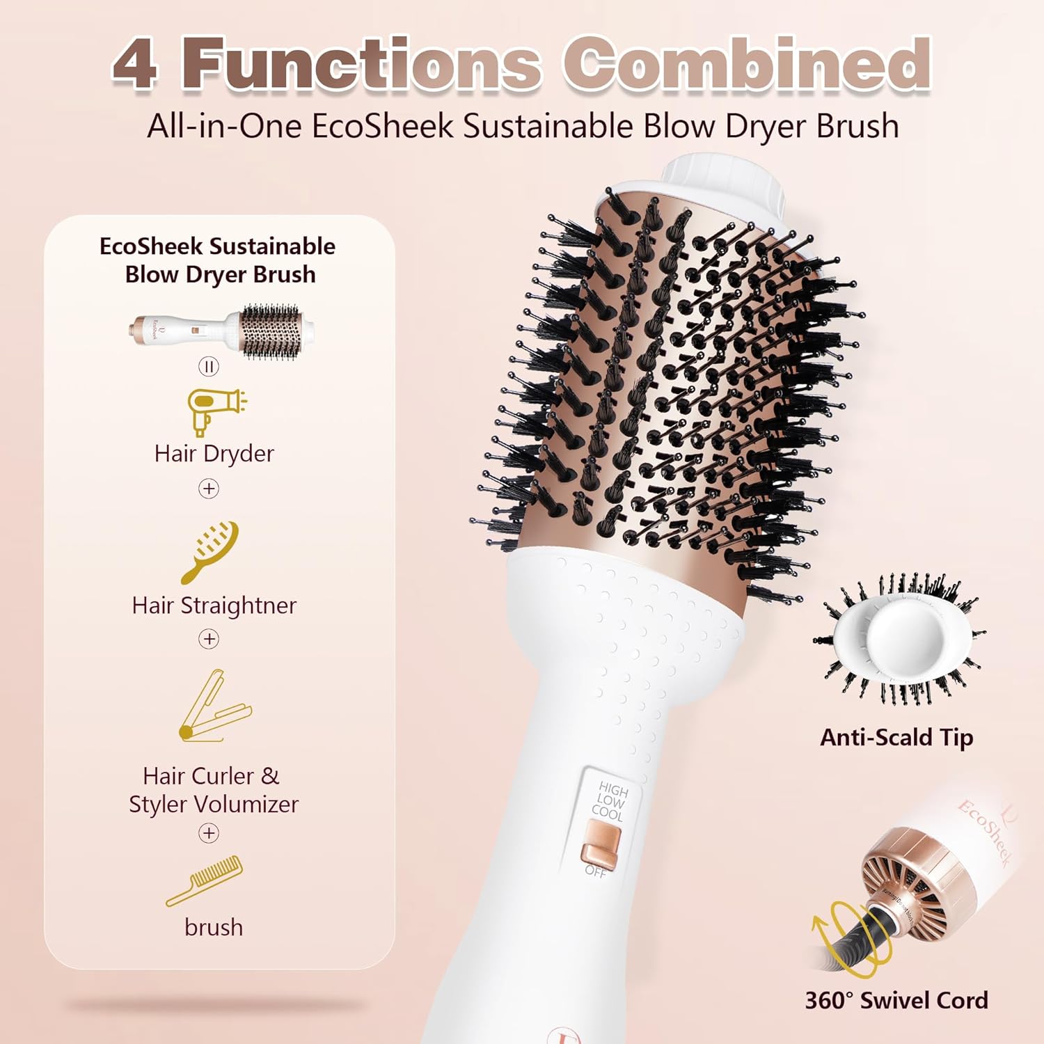 EcoSheek 4-in-1 Ceramic Ionic Hair Dryer Brush Volumizer Anti-Frizz 1.3 lbs - Image 5