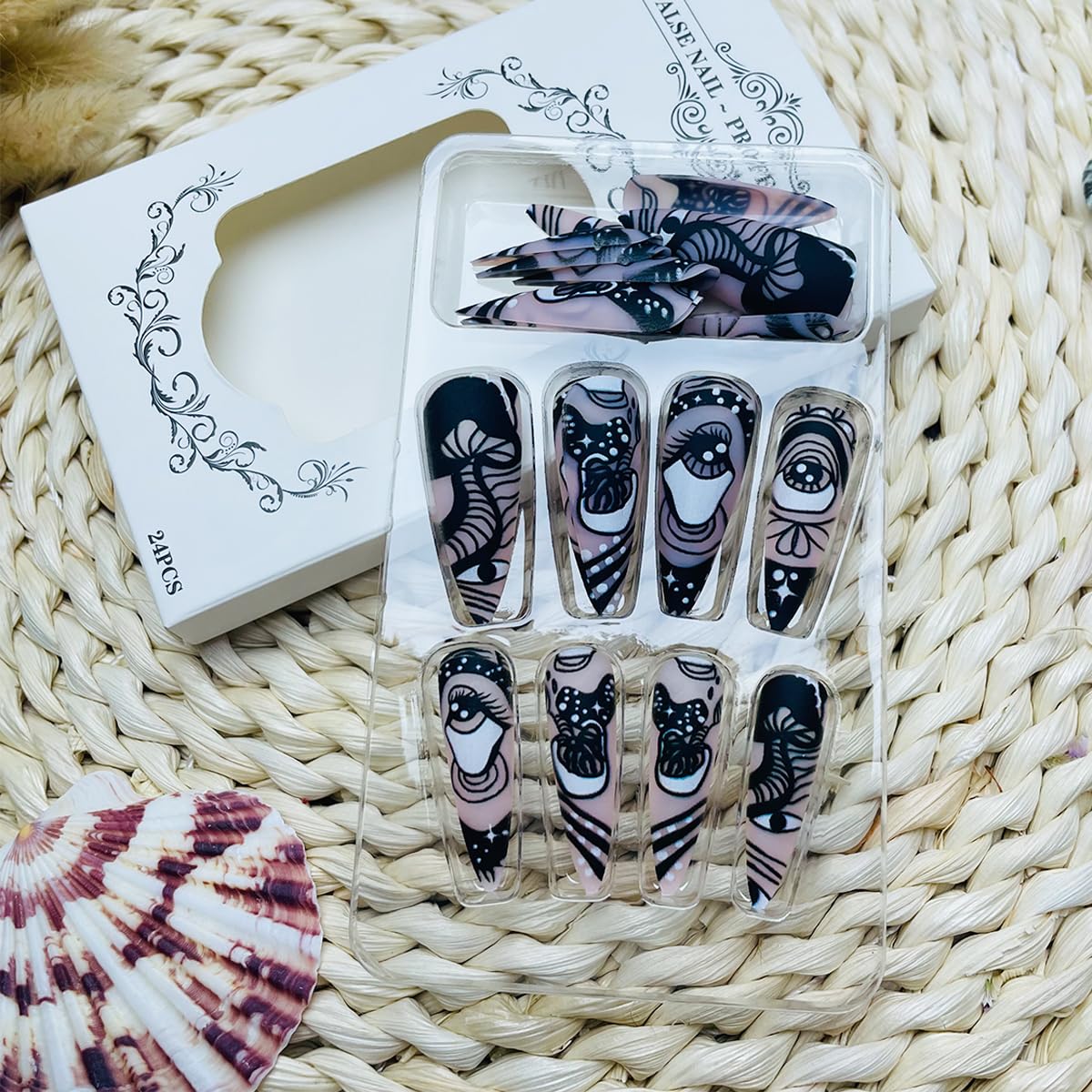 Gothic Long Almond Press on Nails with Black Eye Design, 24 Pcs Full Cover Acrylic Nails - Image 4