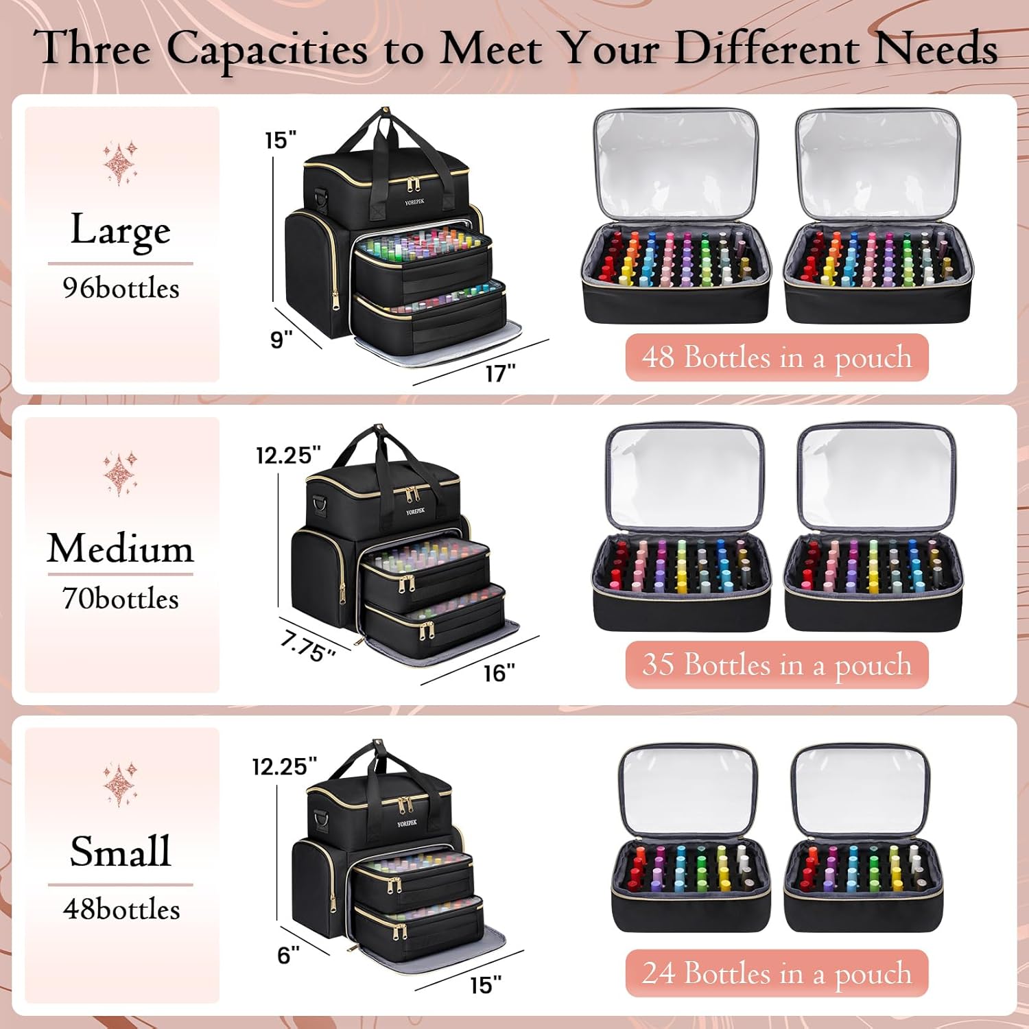 YOREPEK Extra Large Nail Polish Organizer Case for 96 to 100 Bottles with 2 Pouches - Image 2