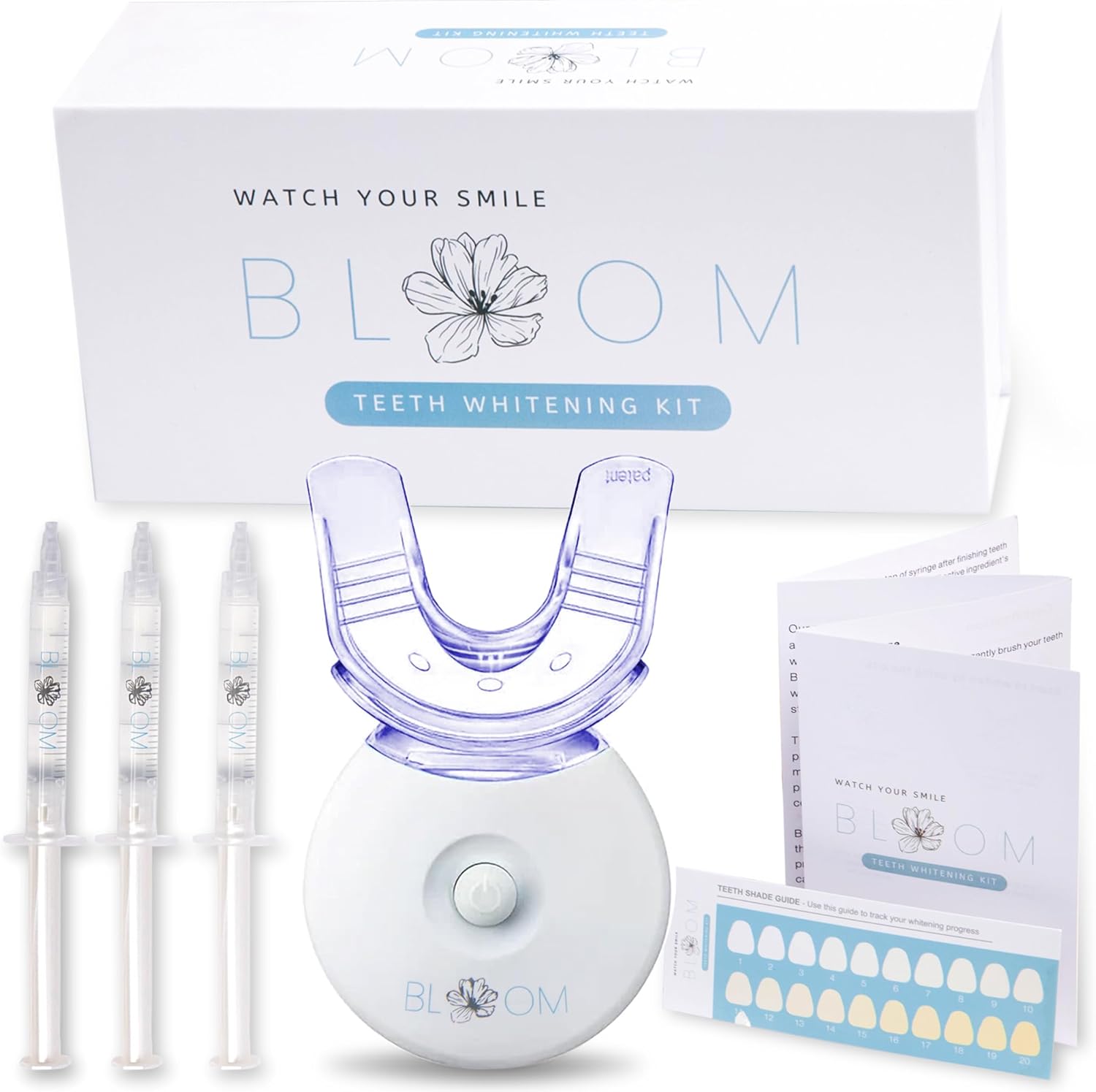 Bloom Teeth Whitening Kit – Fast Acting, 35% Carbemide Peroxide Gel and 5X LED Light. Achieve Whiter Teeth in Just 10 Minutes a Day. No Sensitivity Formula with Coconut Oil and hydroxyapatite.