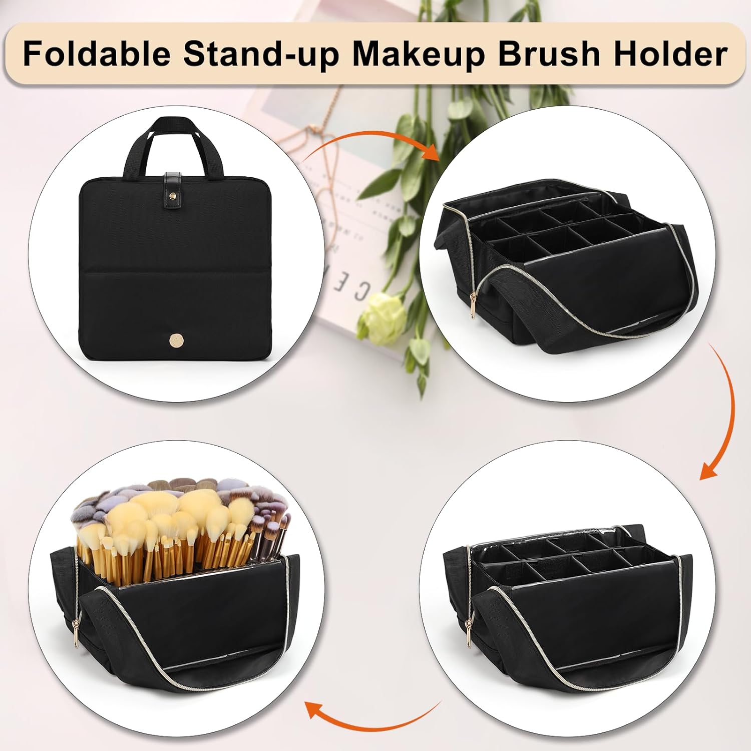 Portable Travel Makeup Brush Bag, Large Capacity with Detachable Dividers - Image 6