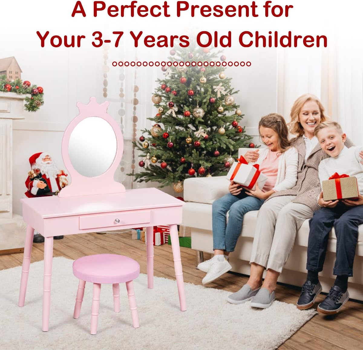 Costzon Kids Vanity Set with Cushioned Stool, Large Drawer and Crown Mirror in Pink - Image 9