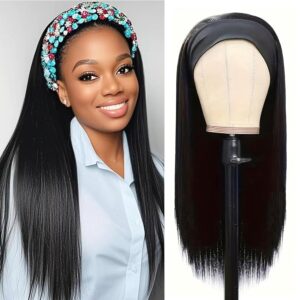 Headband Wig Human Hair Straight 20 Inch Headband Wigs for Black Women Glueless None Lace Front Wigs Brazilian Virgin Human Hair Machine Made Wig 150% Density Natural Color