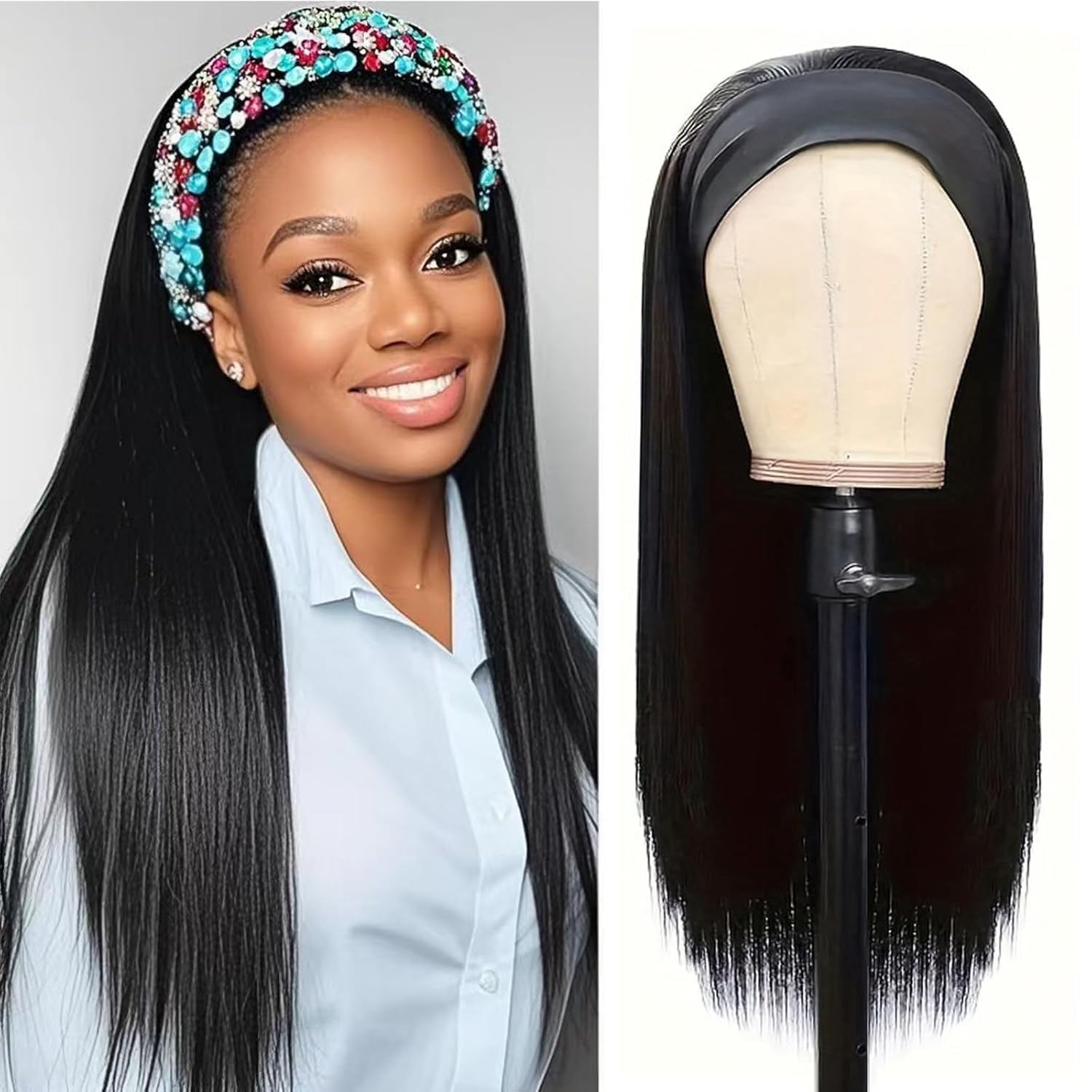 Headband Wig Human Hair Straight 20 Inch Headband Wigs for Black Women Glueless None Lace Front Wigs Brazilian Virgin Human Hair Machine Made Wig 150% Density Natural Color