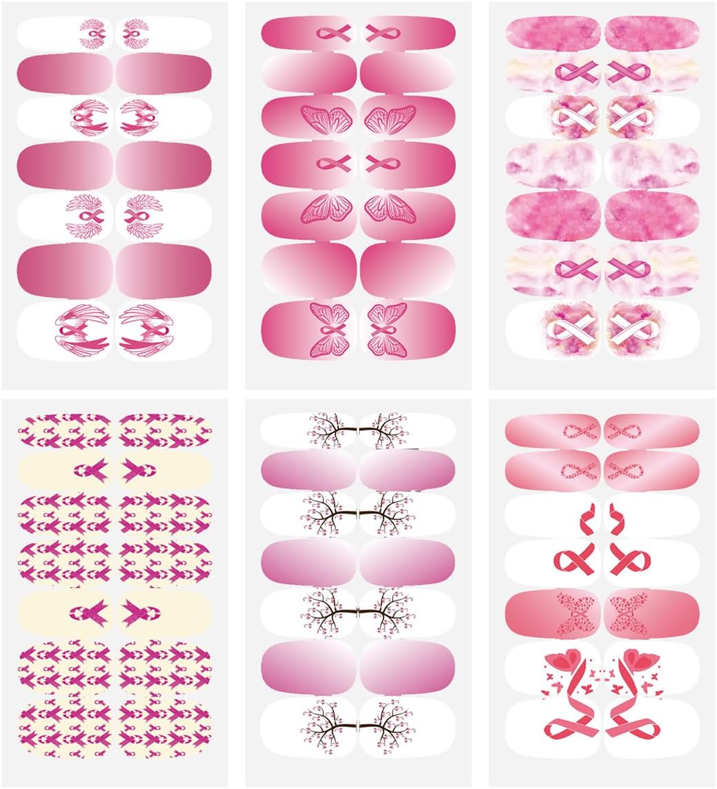 Pink Ribbon Breast Cancer Awareness Nail Art Stickers 6 Sheets Self-Adhesive for Women - Image 7
