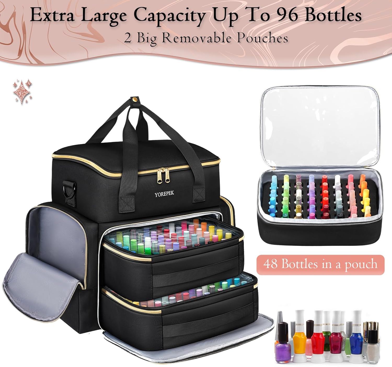 YOREPEK Extra Large Nail Polish Organizer Case for 96 to 100 Bottles with 2 Pouches - Image 3
