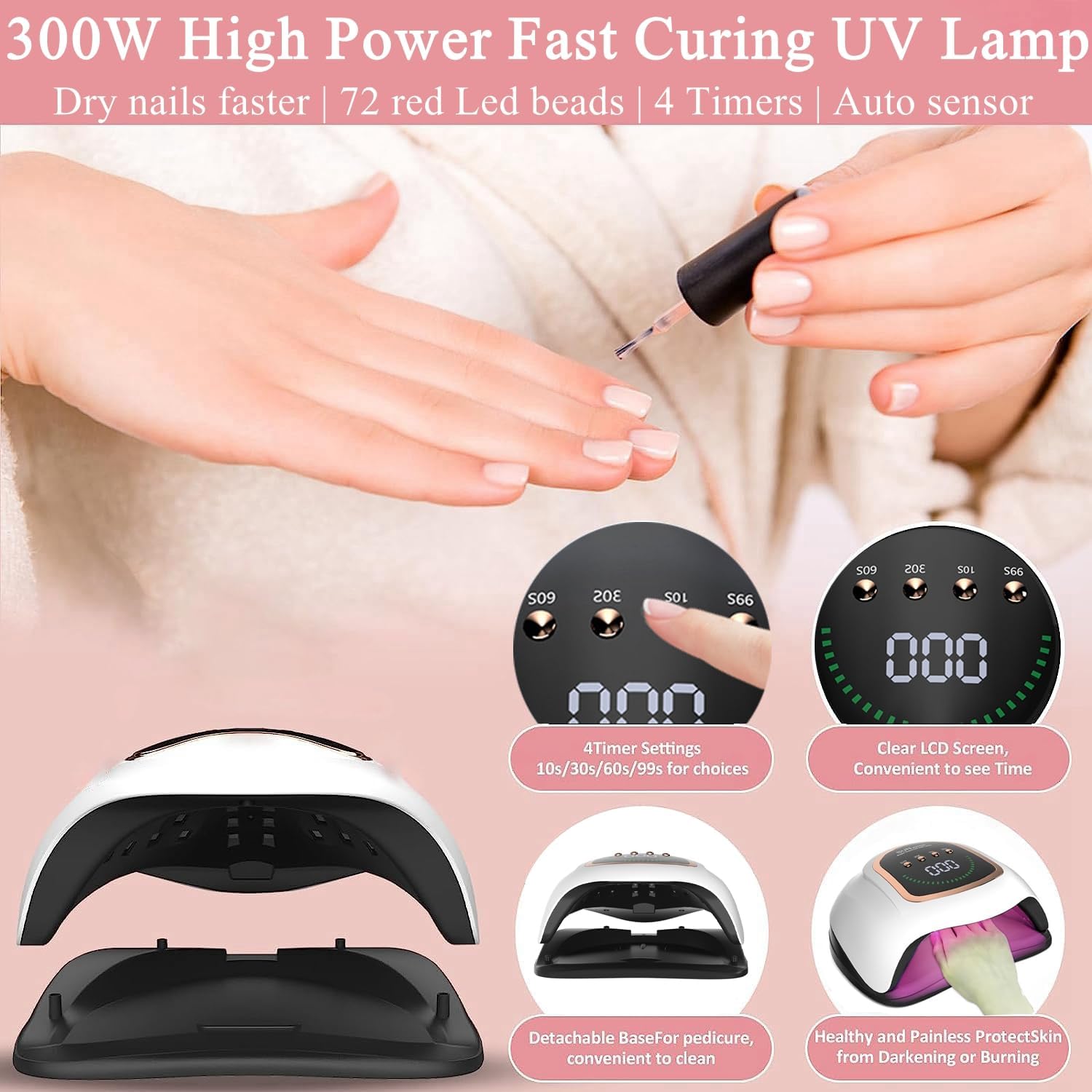 300W UV LED Gel Nail Lamp with 72 Beads, Auto Sensor, 4 Timer Settings - Image 2
