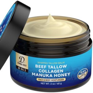 Whipped Beef Tallow Balm for Skin - Organic Grass-Fed & Manuka Honey Moisturizer - Deeply Hydrating for Face, Body, Hands, Feet, & Lips - Suitable for All Skin Types - Natural Softening Skin Care