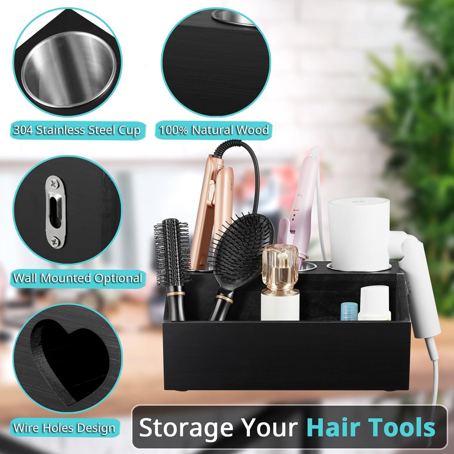 Black Wooden Wall Mount Hair Tool Organizer for Blow Dryer and Curling Wand - Image 3