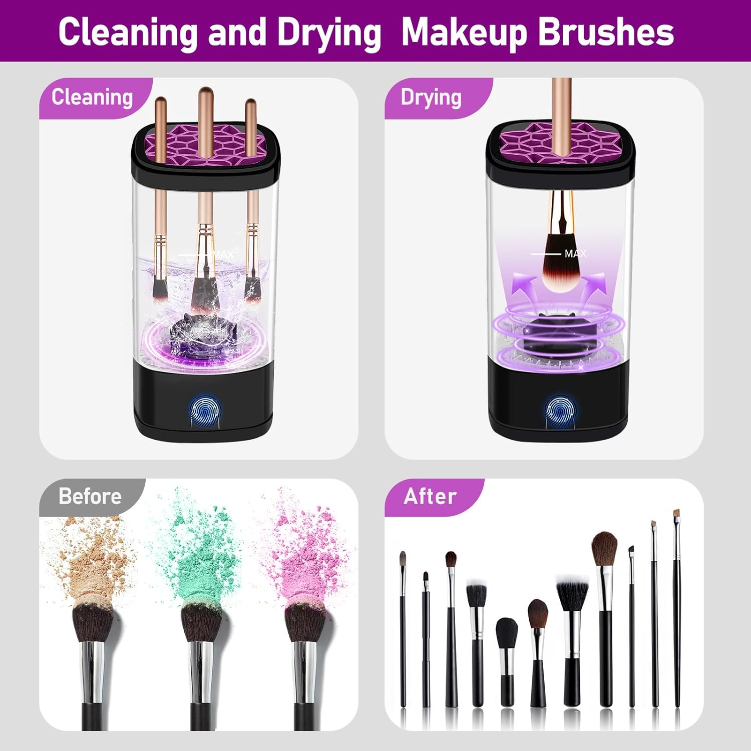Electric Makeup Brush Cleaner for All Brush Types, Portable Automatic Cleaning and Drying Solution, Black - Image 4