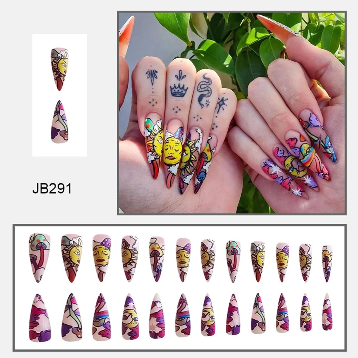 24 Piece Colorful Stiletto Sun Moon Cloud Press-On Nails for Manicure - Image 2