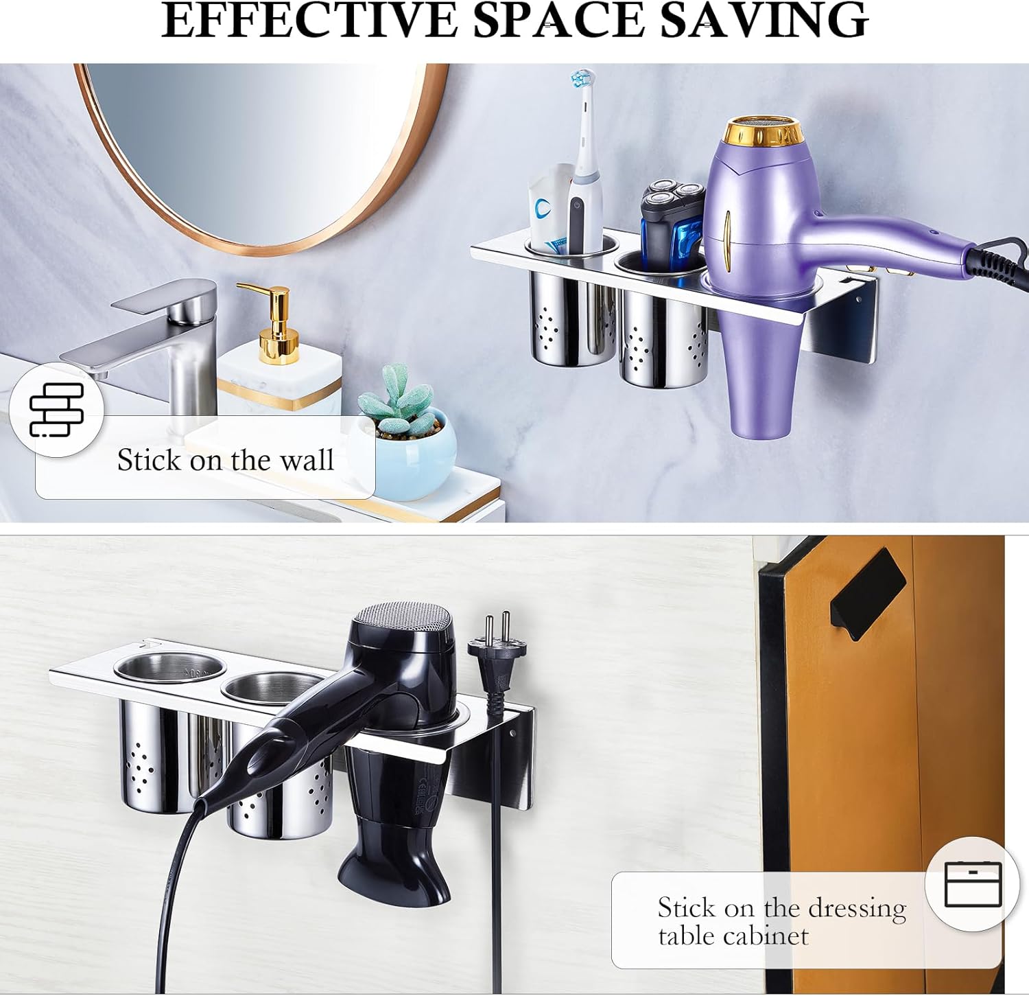 Wall Mounted Hair Tool Organizer with 2 Cups for Blow Dryer, Straighteners, and Curling Irons - Image 6