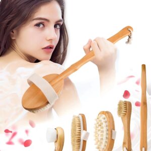 Premium Dry Brushing Body Brush Set for Lymphatic Drainage and Cellulite Treatment, Boar Bristle Long Handle Face Cleansing Brush for A Glowing Skin, 5 Pack
