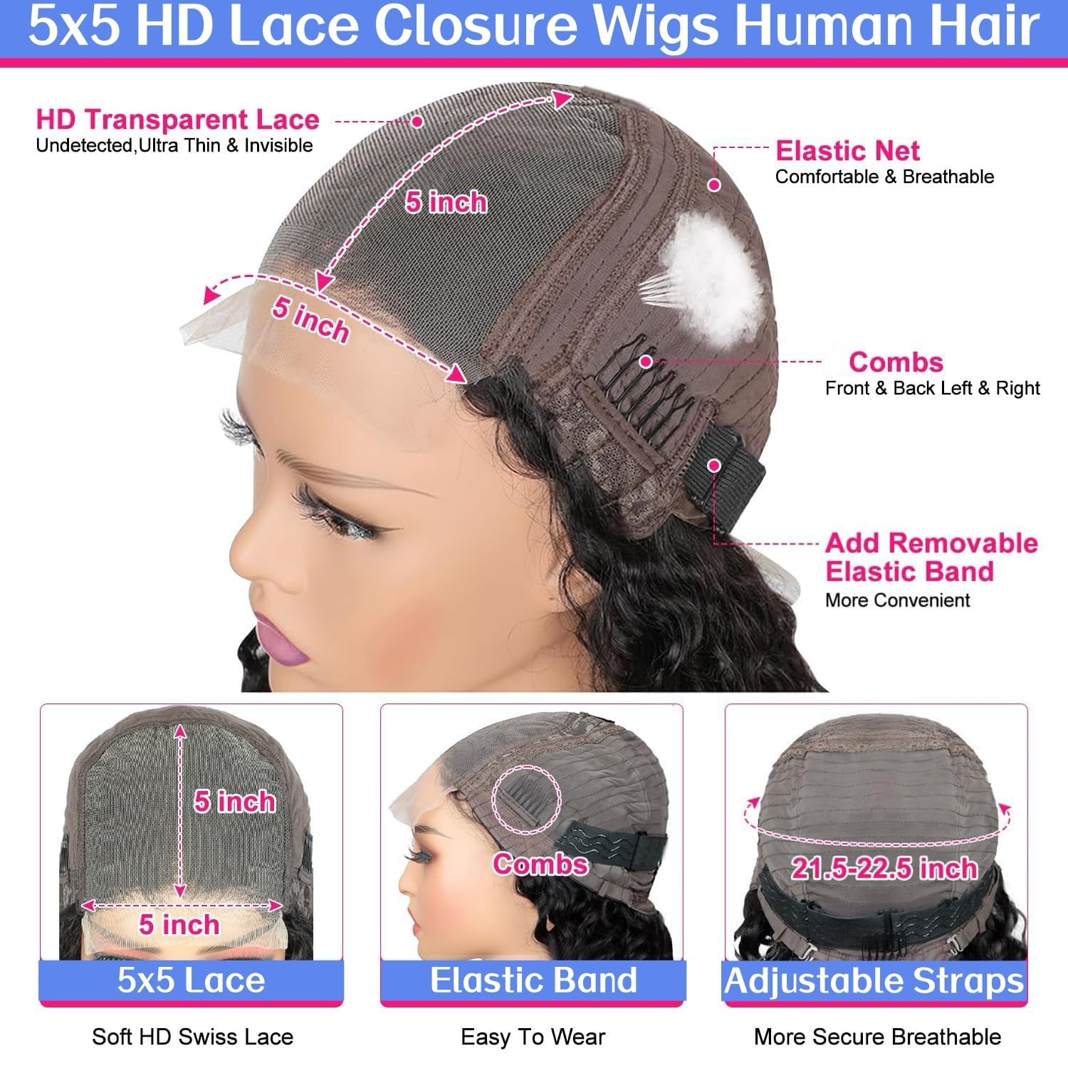 26 Inch Deep Wave 5x5 HD Lace Front Glueless Human Hair Wig 180% Density - Image 4