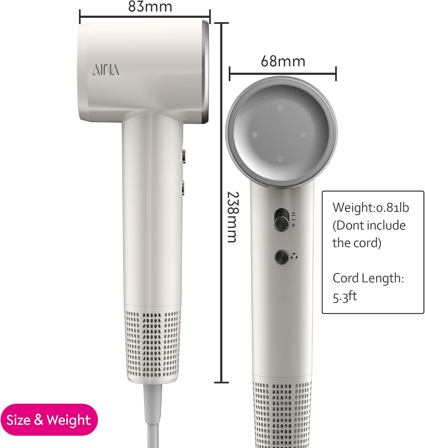 AINA Lightweight Hair Dryer Ivory White 110000 RPM with Diffuser Brush Comb 3 Attachments - Image 3