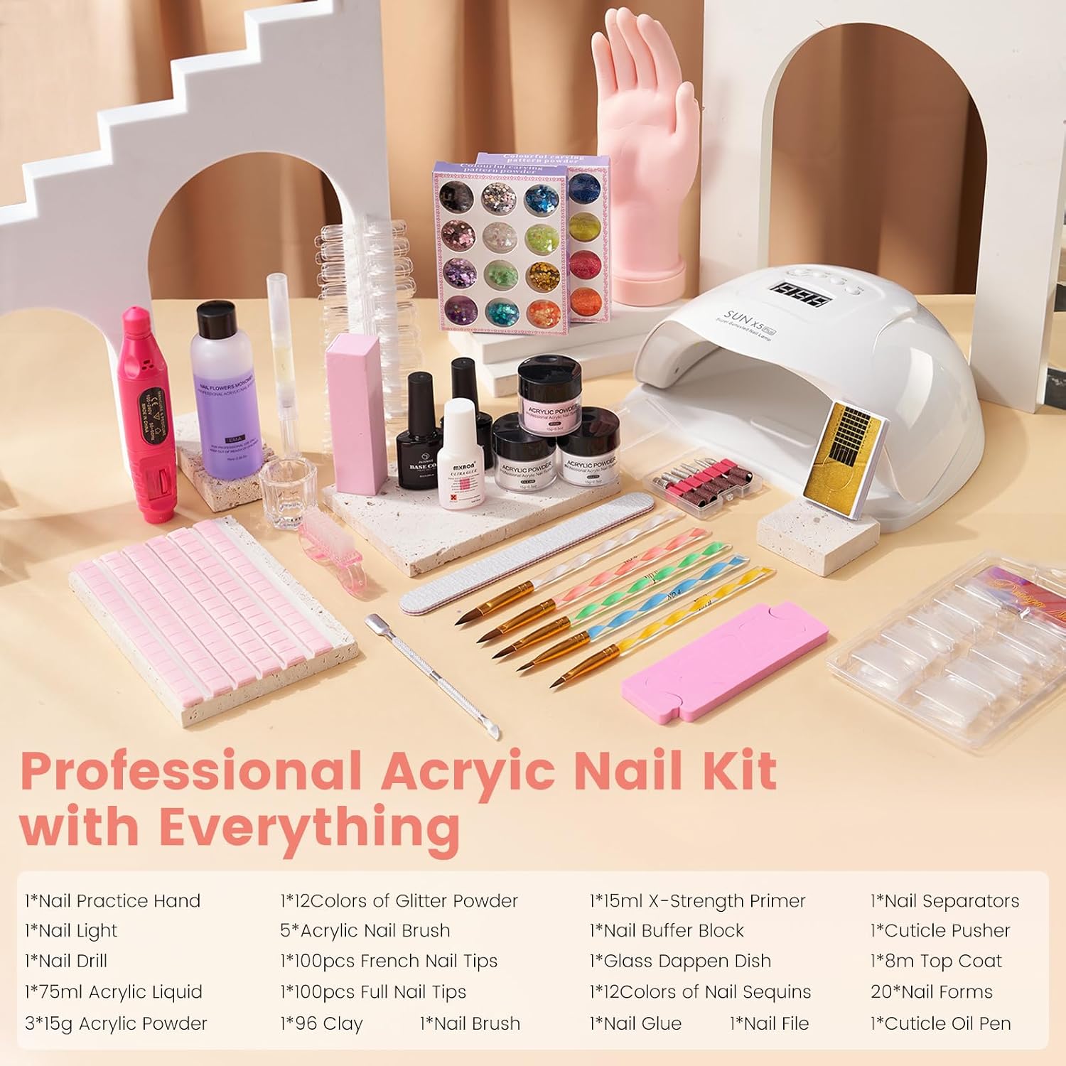Beginner Acrylic Nail Kit with UV Lamp, 1oz Liquid, Electric Drill, and Practice Hand - Image 2