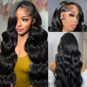Body Wave Lace Front Wigs Human Hair 28 Inch 13x6 HD Lace Frontal Wigs Human Hair Pre Plucked 200 Density Natural Color Real Human Hair Wig with Baby Hair for Women