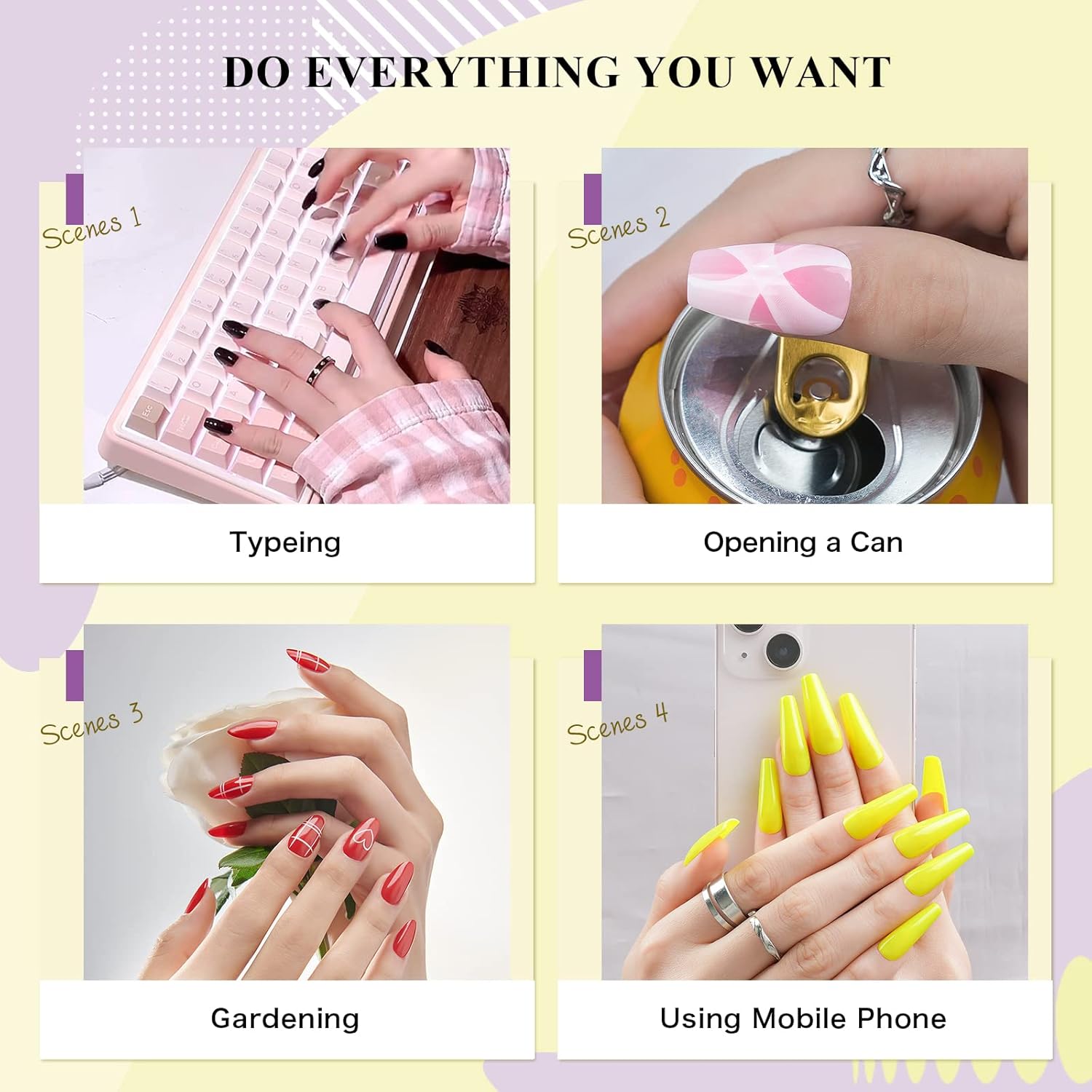 24pcs Long Coffin Press on Nails, Reusable Glossy Acrylic Fluorescent Yellow Nail Tips - Image 7