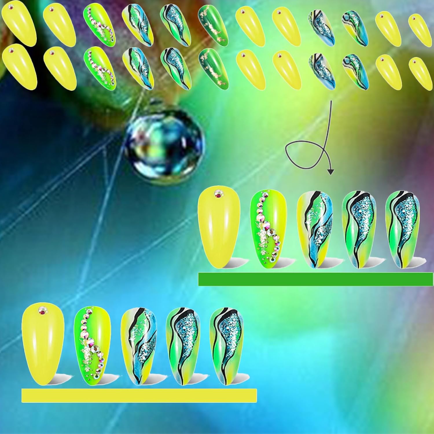 Glossy Green Gradient Medium Almond Marble Press On Nails 24Pcs with Rhinestones - Image 2