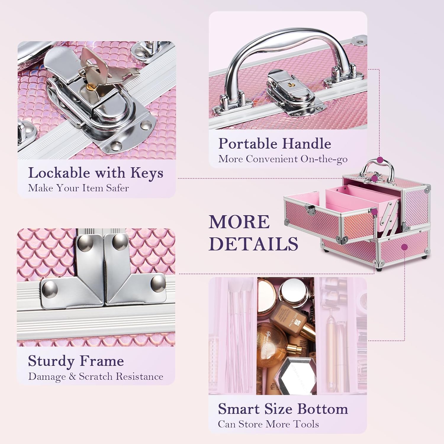 FRENESSA Mermaid Pink Portable Makeup Train Case Organizer with Locking Nail Kit - Image 4