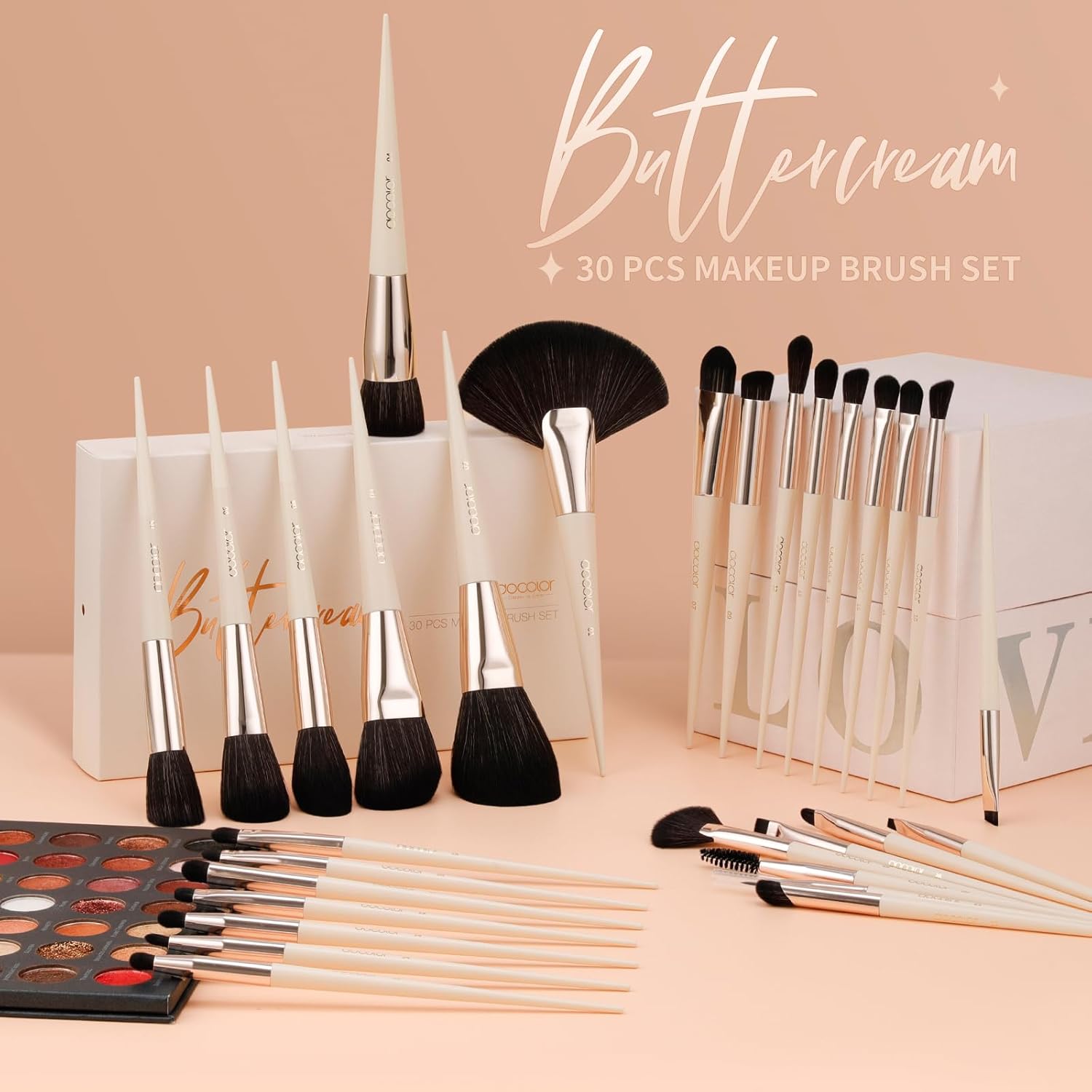 Docolor 30-Piece Professional Makeup Brush Set with Premium Synthetic Kabuki Brushes Beige - Image 8