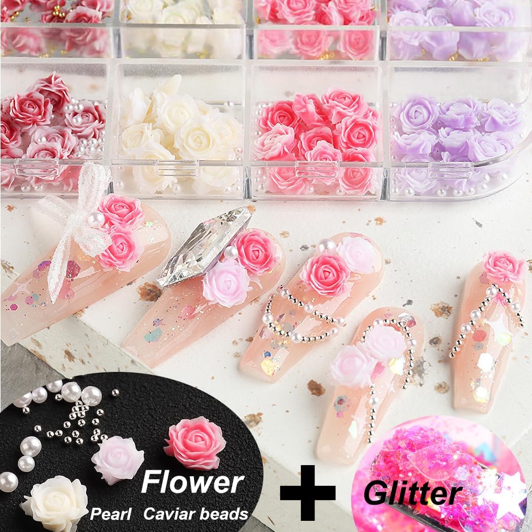 12 Grids Rose Flower Nail Charms with Iridescent Glitter Sequins and 1 Pen for Nail Art - Image 3