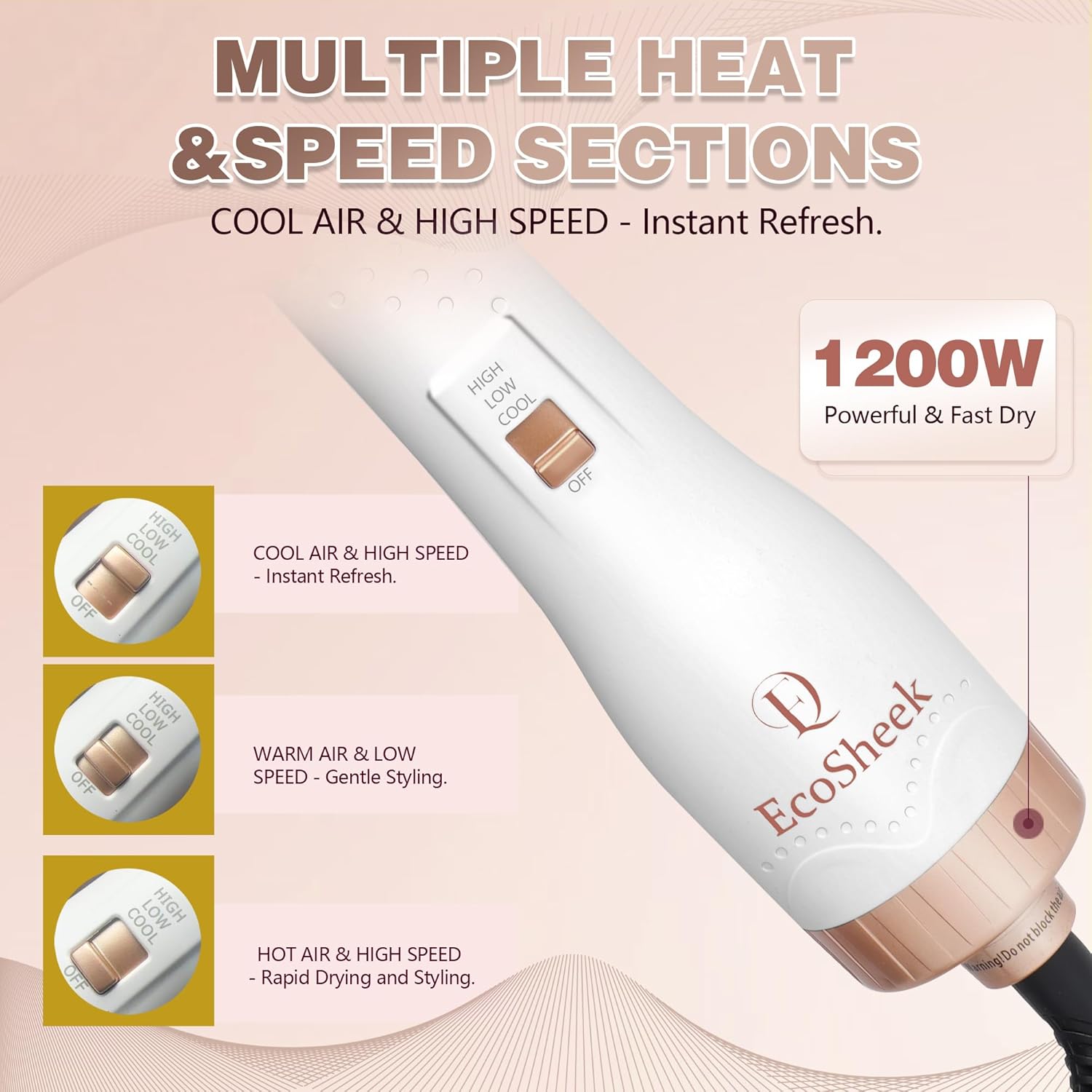 EcoSheek 4-in-1 Ceramic Ionic Hair Dryer Brush Volumizer Anti-Frizz 1.3 lbs - Image 4