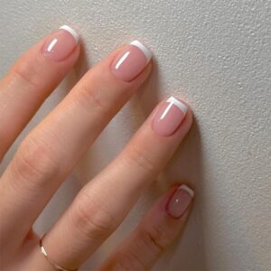 White French Tip Press on Nails Short Square Fake Nails Mirror Acrylic Glue on Nails Reusable Stick on Nails for Women DIY Manicure Design