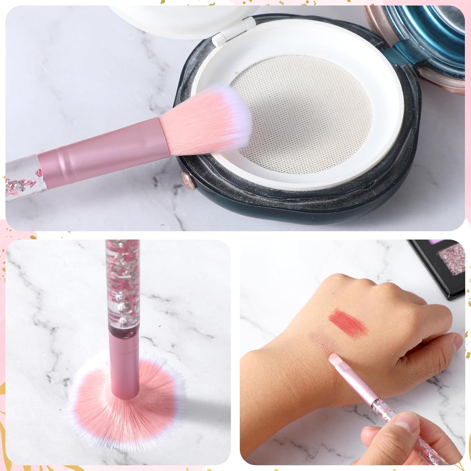 7 Piece Cute Pink Makeup Brush Set with Sequins Handle for Foundation, Blush, and Eyeshadow - Image 6