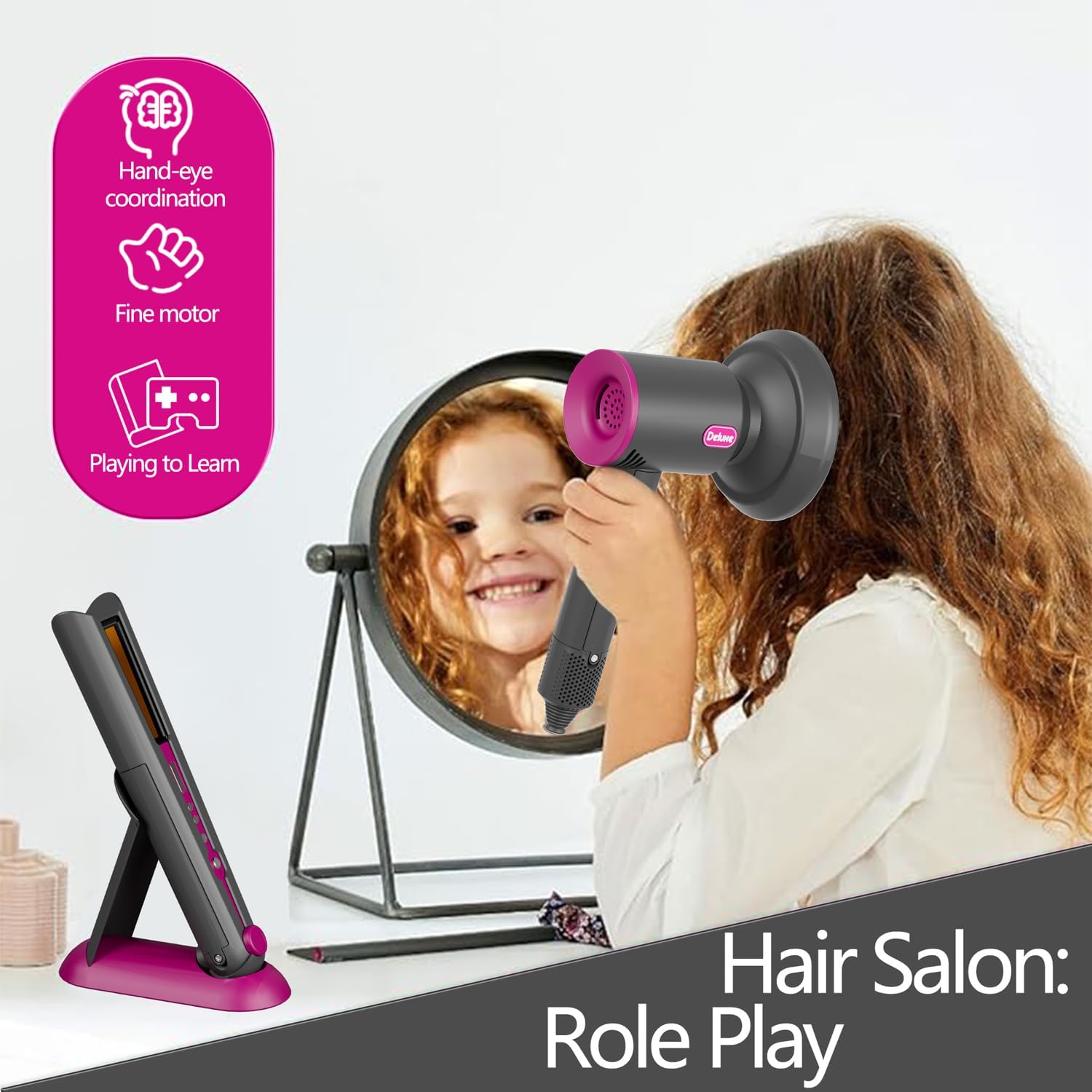 Girls Hair Salon Deluxe Styling Set with Real Function Hair Dryer and Straightener for Ages 3+ - Image 2