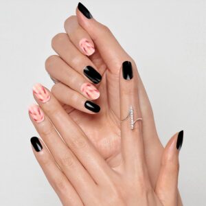 Press on Nails Short Square, 24 PCS Elegant Black and Marble Design Fake Nails, Reusable Stick on Nails Acrylic False Nails for Women Gifts