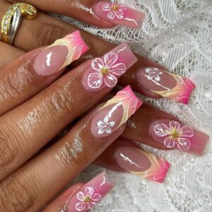 24 Pcs 3D Blush Gradient Press on Nails Medium Square Summer Fake Nails Yellow French False Nails with White Flowers Design Nude Nail Tips Full Cover Acrylic Glue on Nails for Women Manicure