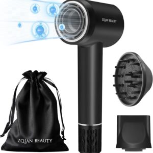 110,000 RPM Brushless Motor Hair Dryer for Fast Drying, 200 Million Negative Ions, Travel-Friendly Low Noise Design (Black, with Concentrator and Diffuser)