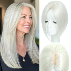 Hair Toppers for Women Real Human Hair, 360° 3D Cover Hair Topper Clip in Bangs 10 Inch Realistic Scalp Pieces for Women with Thinning Crown(Silver White, Side Bangs)