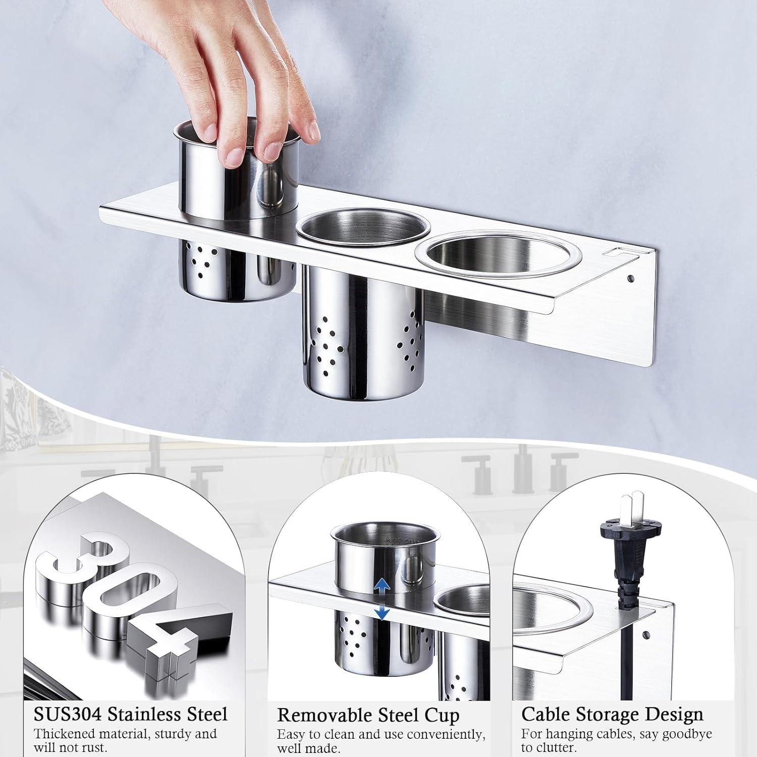 Wall Mounted Hair Tool Organizer with 2 Cups for Blow Dryer, Straighteners, and Curling Irons - Image 3