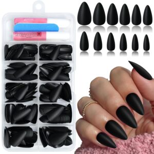 Short Press on Nails Almond Black Fake Nails Matte Nails Press on with Glue, 240Pcs Full Cover Acrylic Almond Nail for Women Girls Fingernails Design