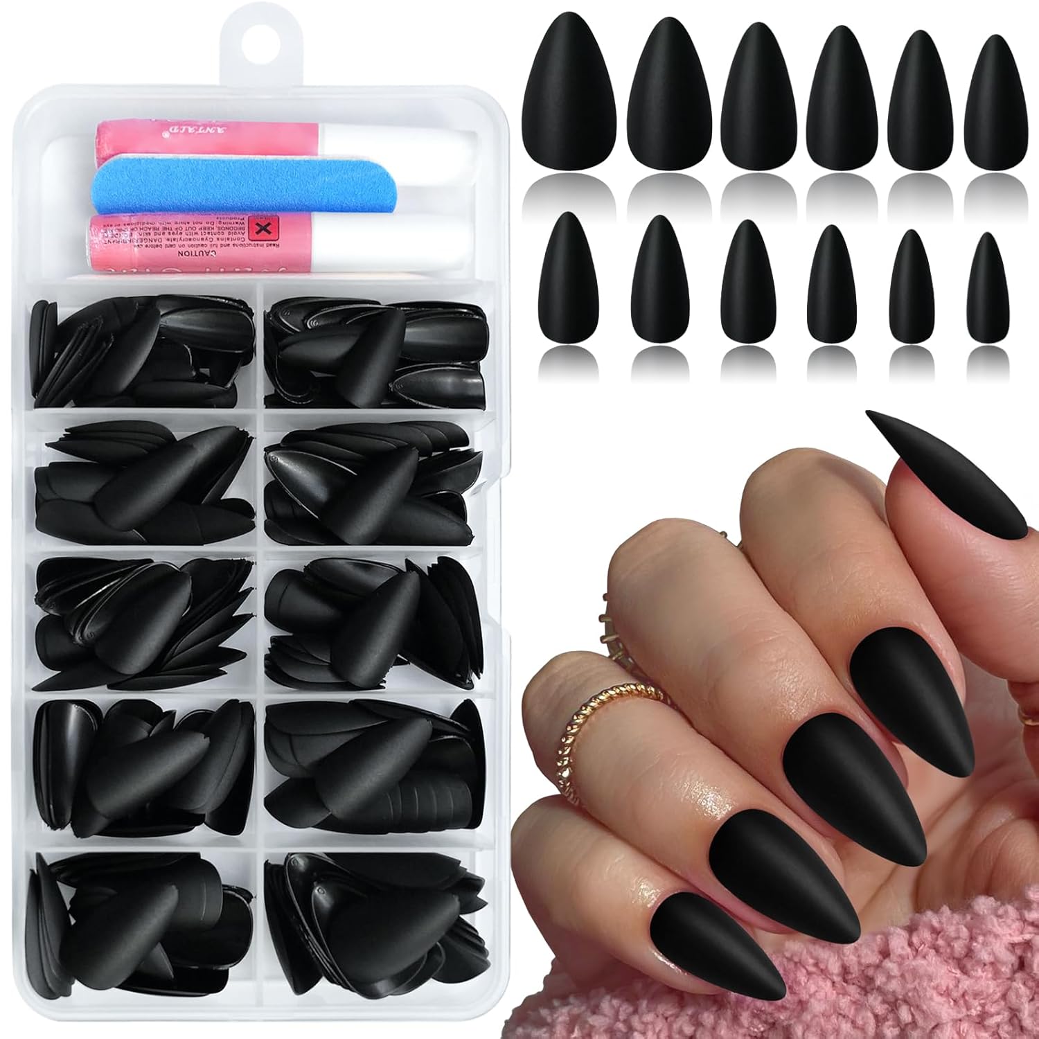 Short Press on Nails Almond Black Fake Nails Matte Nails Press on with Glue, 240Pcs Full Cover Acrylic Almond Nail for Women Girls Fingernails Design