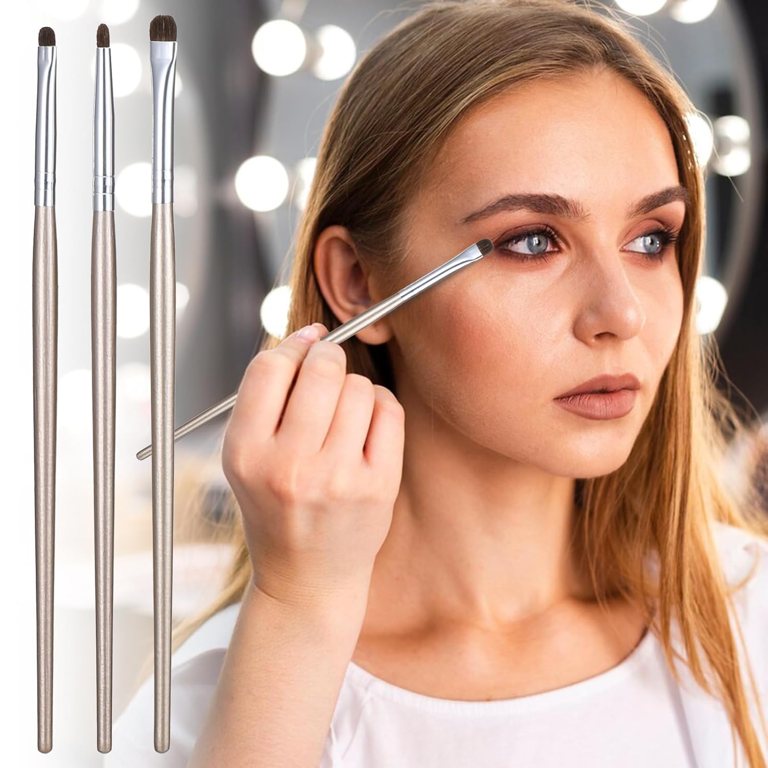 3 Pcs Flat Eyeliner Smudge Brush Set for Eyeshadow and Concealer Blending, Light Gold - Image 5