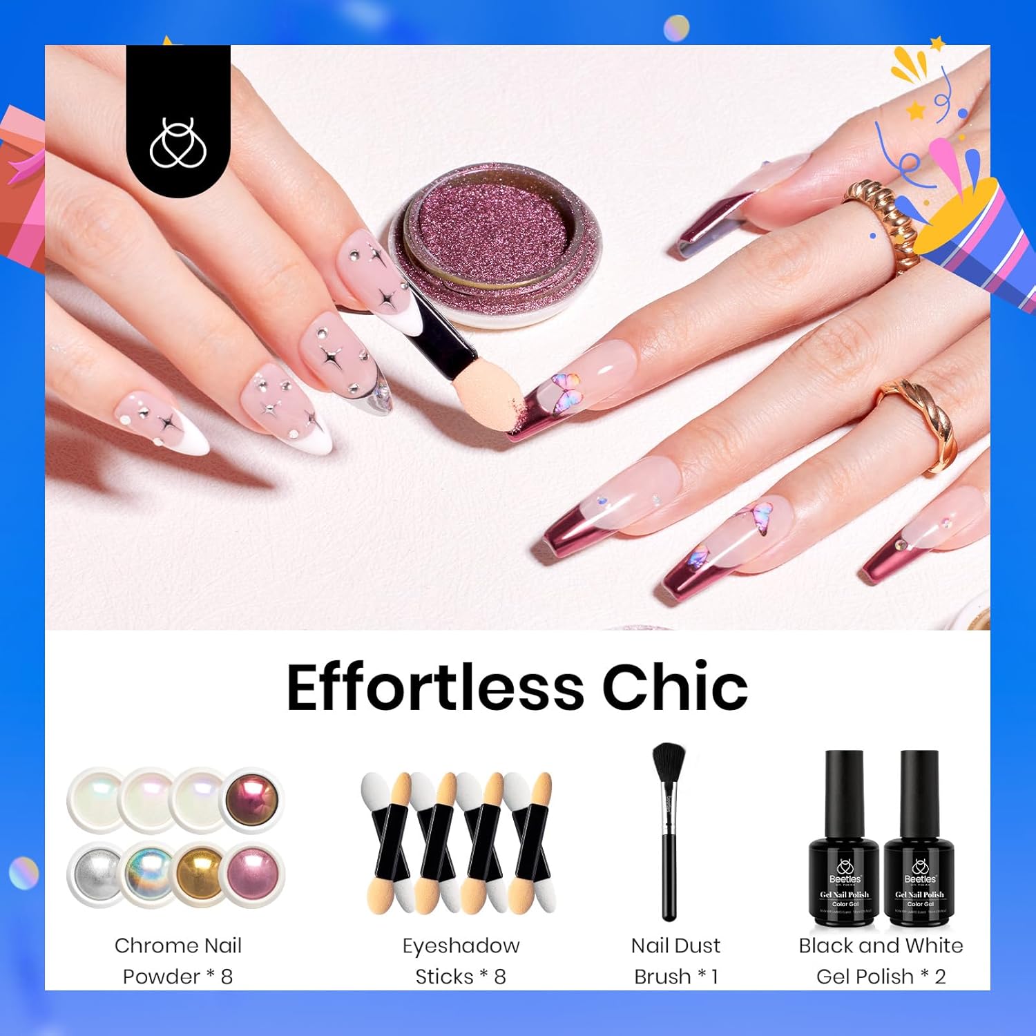 Beetles Metallic Chrome Nail Powder Kit with Black and White Gel Polish - 10g Capacity - Image 2