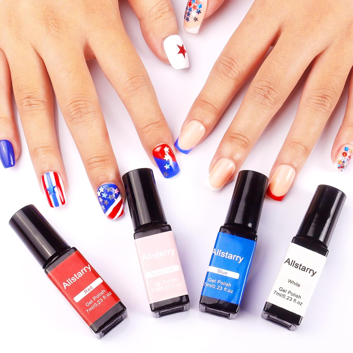 Allstarry 4-Color Red White Blue Gel Nail Polish Set with Star Glitter for Independence Day - Image 4