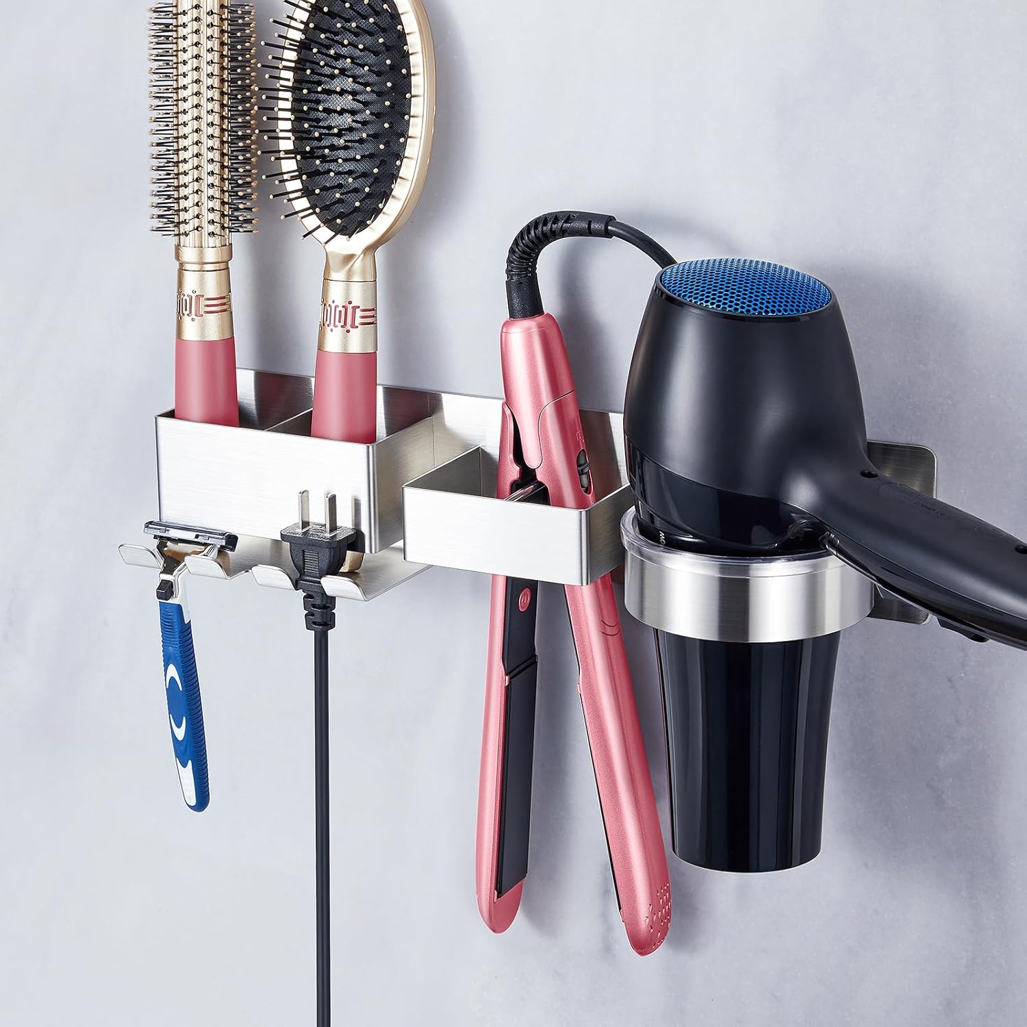 Stainless Steel Wall Mounted Hair Tool Organizer - Holder for Hair Dryer, Curling Iron & Straightener