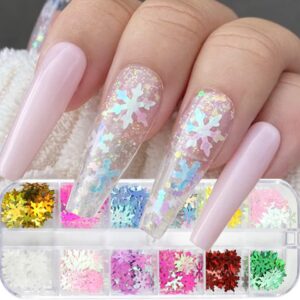 Holographic Snowflake Glitter Nail Art Sequins, 12 Colors Winter Snowflake Sparkly Nail Flakes Acrylic Nails Supplies for Women Girls Manicure Charms Decorations, DIY Christmas Nail Art Tips