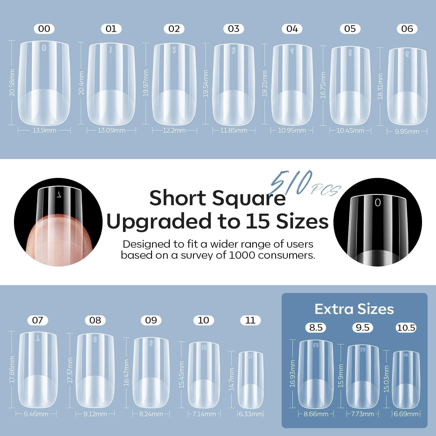 Modelones 510 Piece DIY Gel Nail Extension Kit with 15 Short Square Sizes, LED Lamp, and 9-in-One Glue - Image 2