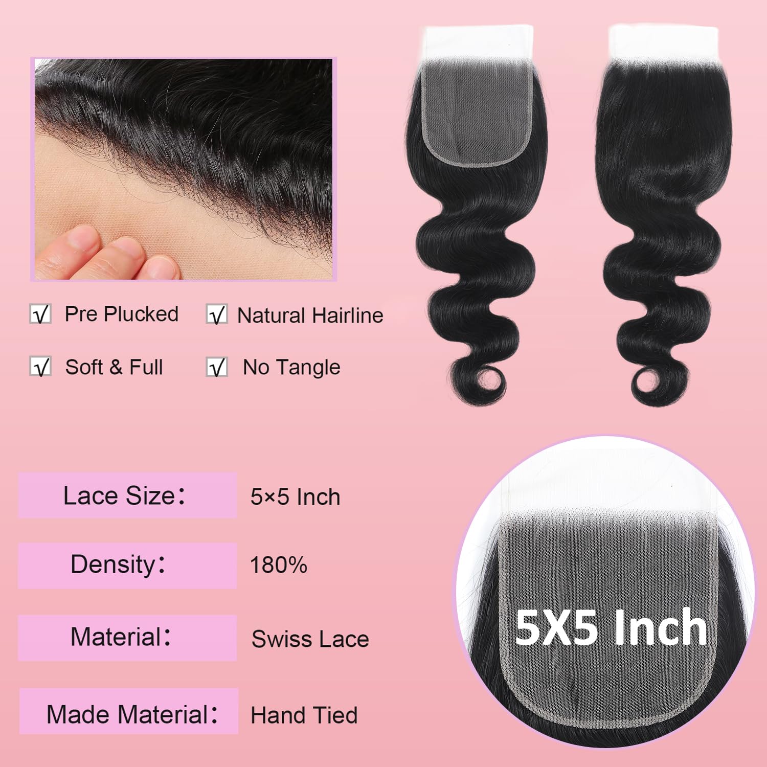 12A 3 Bundles Body Wave Human Hair with 5x5 HD Lace Closure 20 22 24 + 18 Inch - Image 3
