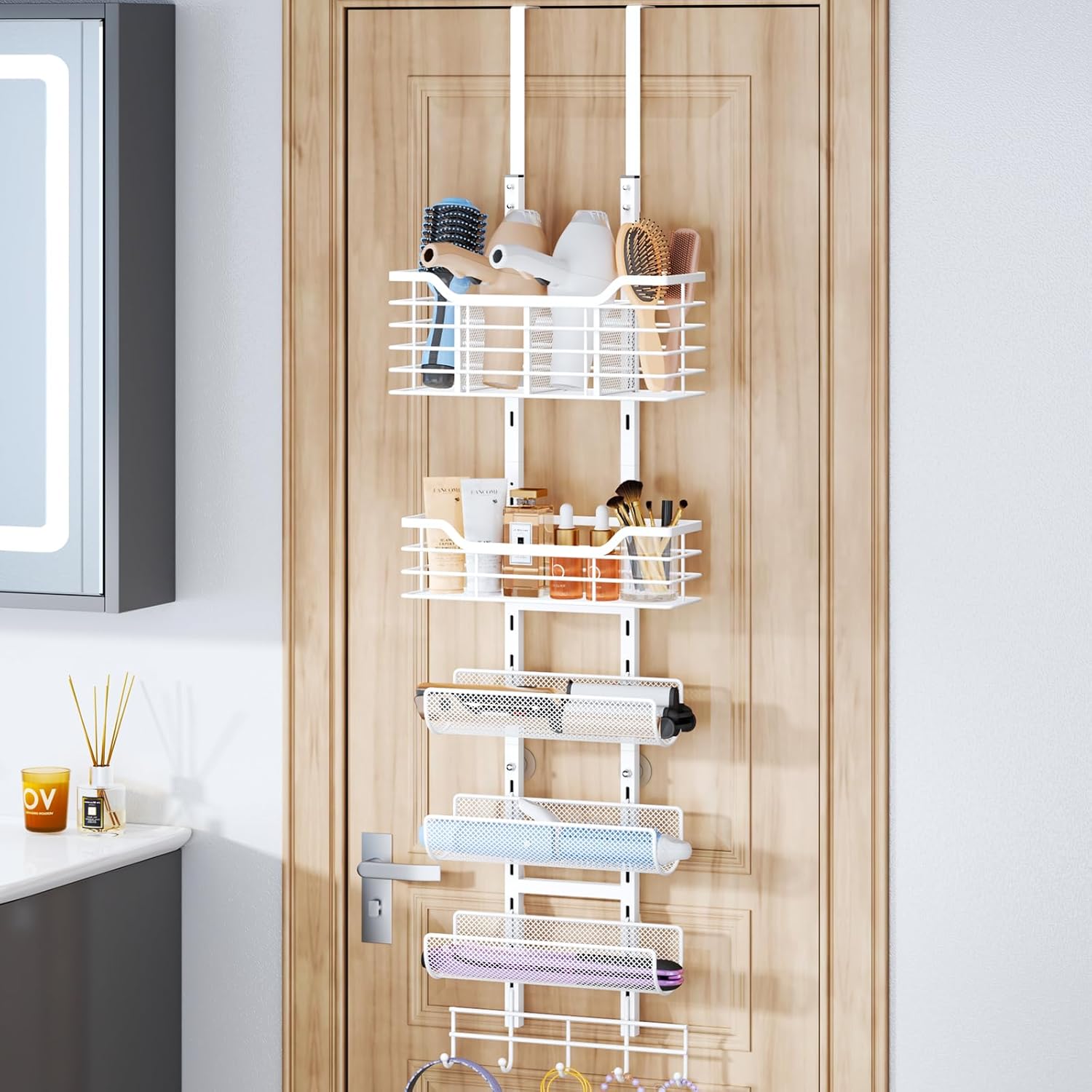 Consmest 6-Tier White Hair Tool Organizer with Hooks for Blow Dryer and Curling Iron - Image 2