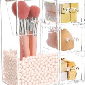 ShellKingdom Makeup Brush Holder,Clear Cosmetic Brushes Organizer With Drawer for Storage Brushes with Lid and Pearl for Dressing Tables and Vanity