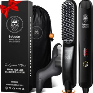 Heated Ionic Hair Straightening Brush for Men - 5 Temperature Settings, Anti-Scald, Beard Shaper & Travel Bag