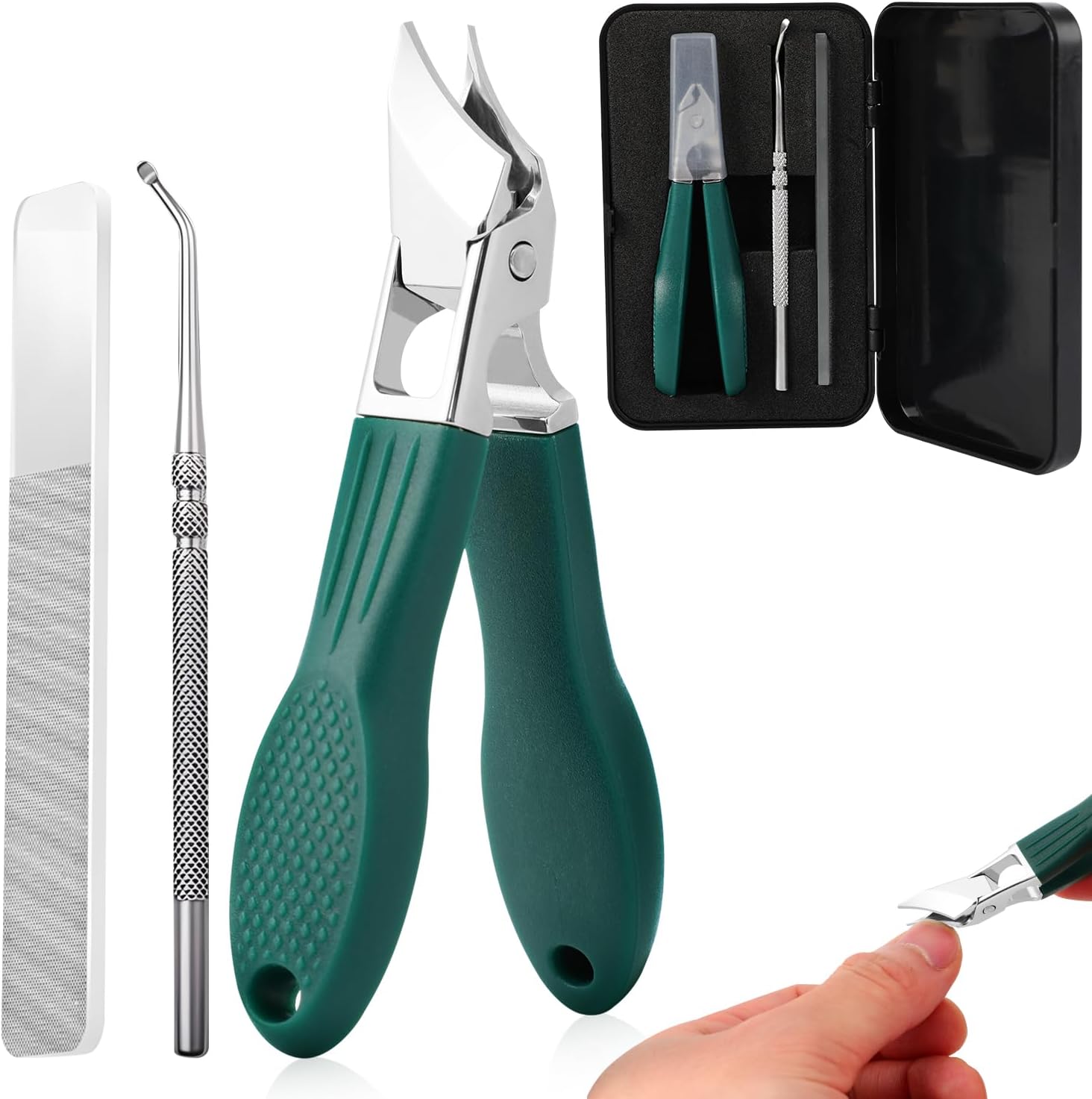 Eagle Beak Beveled Nail Clippers, 3-Piece Set Wide Jaw Opening Anti-Splash Slanted Nail Clipper, Edge Nail Clippers, Long Handle Wide Jaw Opening Anti-Splash Slanted Nail Clipper for Men Women(Green)